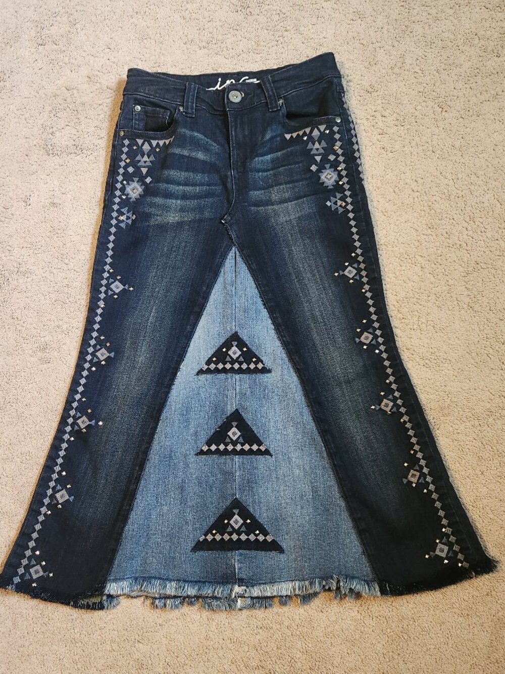 Upcycled Inc Southwestern Denim Blue Jean Long Flare Skirt w Studs & Embroidery